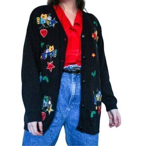 Quaker Factory Vintage Unique Angel Embroidered  V Neck Cardigan Sweater Size L
